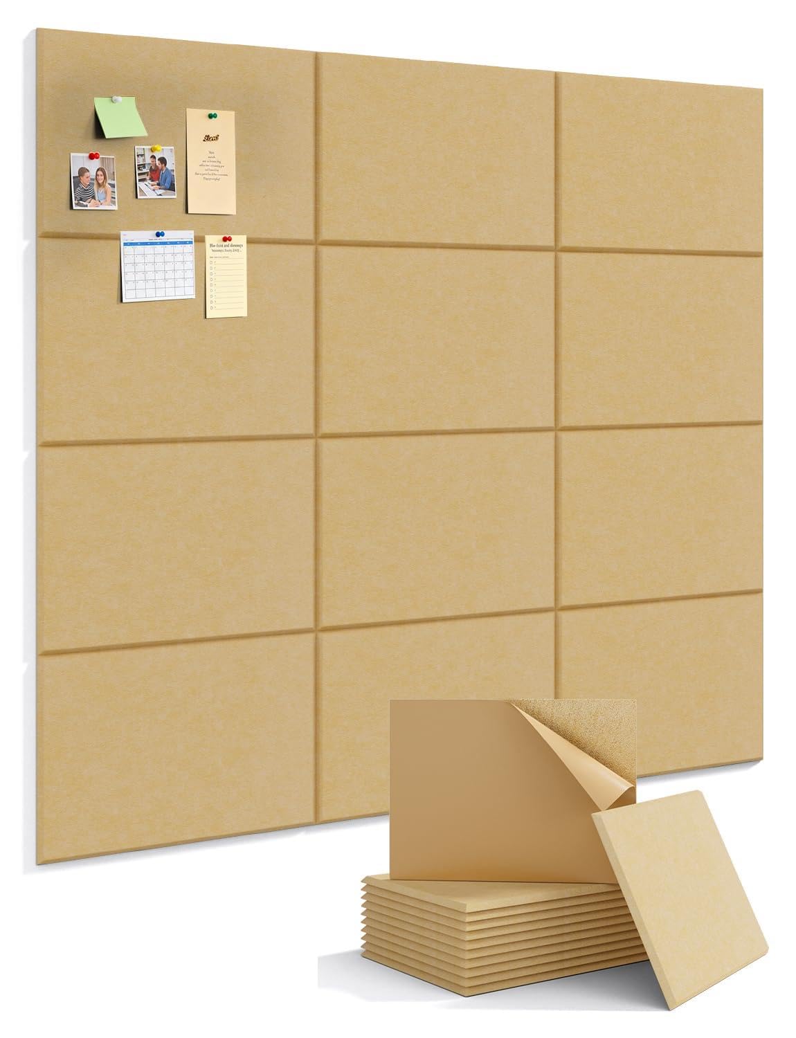 Kuchoow Large Felt Bulletin Cork Board Self-Adhesive Brown Pin Wall Tiles, 48'' x 36'' Rectangular Vision Tack Panels for Classroom Office Display 12 Pack Corkboard for Kitchen Bedroom Home Decor