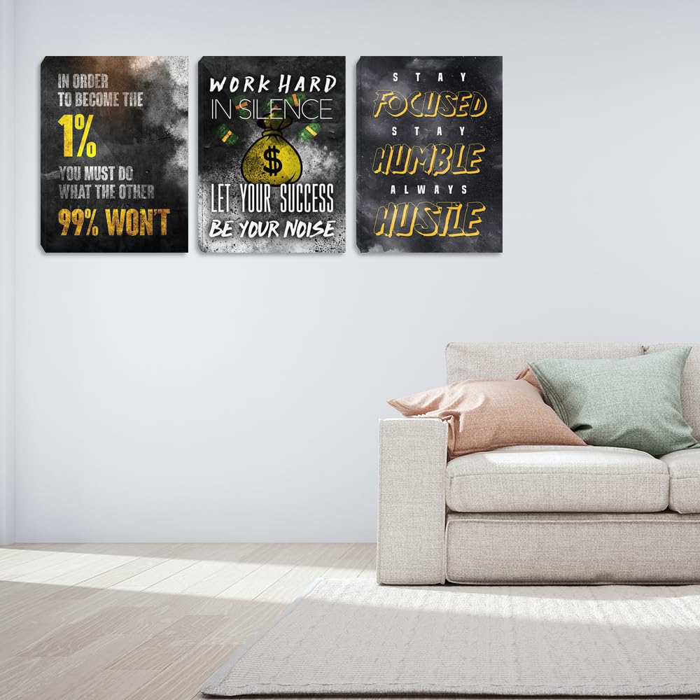 Motivational Canvas Wall Art Inspirational Success Quotes Wall Art Retro Black White Poster Hangs Picture Hustle Canvas Painting Artwork for Office Bedroom Living Room Workplace (36''Wx 16''H)
