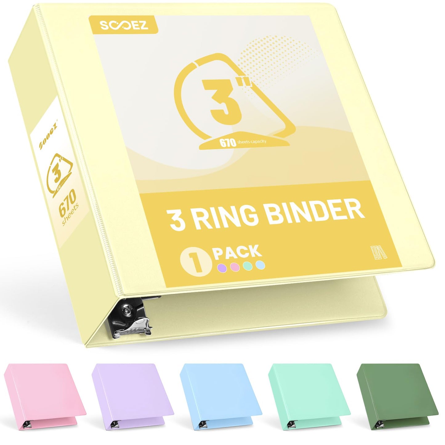 Sooez BinderX Extra Durable 3 Inch 3 Ring Binder, D-Ring Large Binders, Holds 670 Sheets of 8.5x11 Paper, Customizable View Cover with Inside Pockets, Heavy Duty 3 Ring Binder for School, Yellow