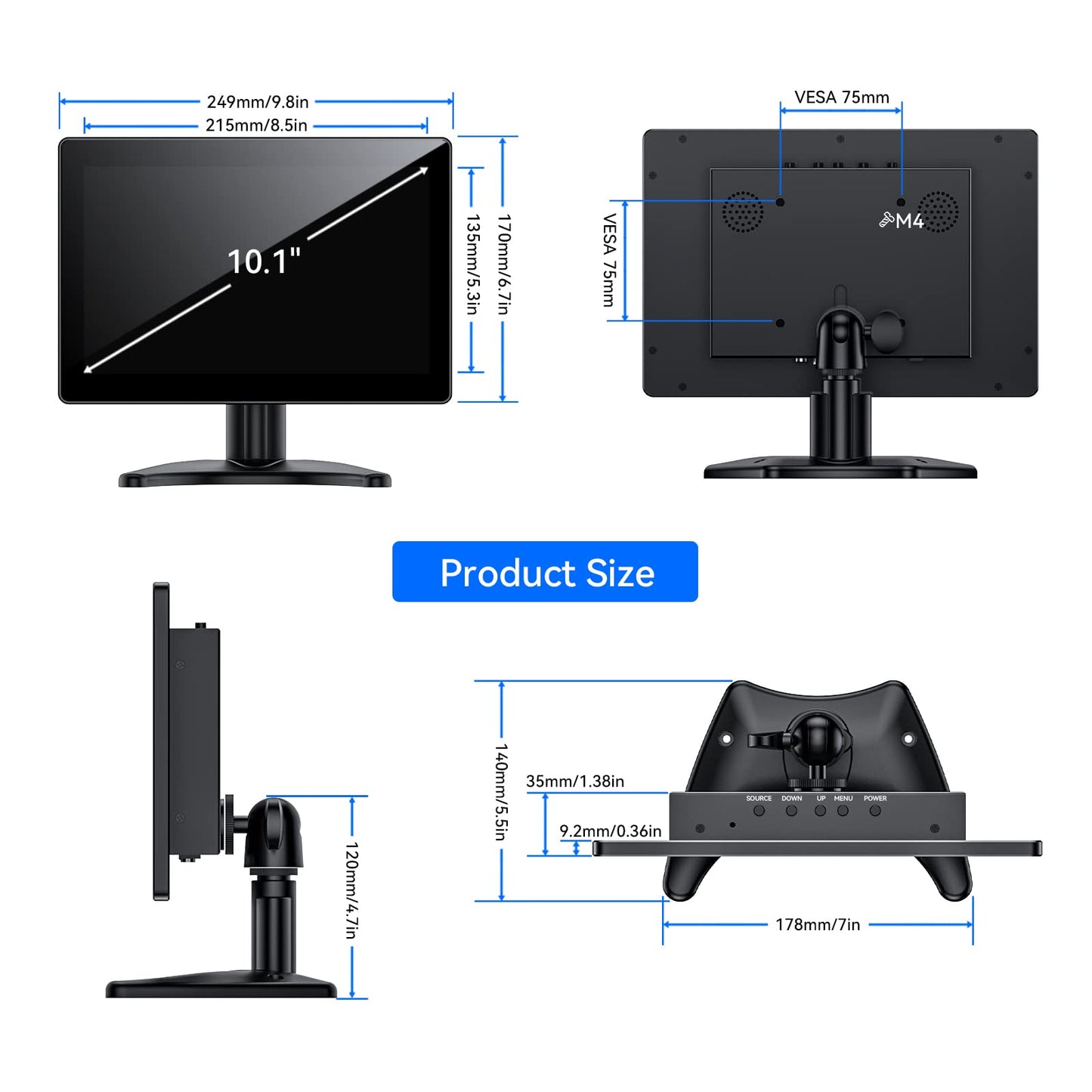 Eyoyo 10.1-inch Small Touchscreen Monitor: 1280x800 IPS Display, 10-Point Touch, HDMI VGA AV Input, Built-in Speakers, Metal Case, VESA 75x75, Touch Screen Monitor for Raspbery Pi, PC, CCTV, POS