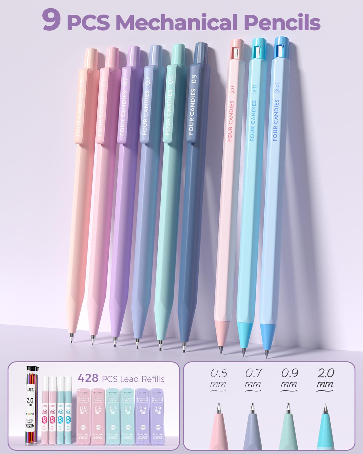 Four Candies 56 PCS Stationery Set, Cute Storage Case with Supplies, 6 Multicolor Pens, 12 Pastel Highlighters, 5 Gel Pens Black Ink, 9 Mechanical Pencils for College Essentials Stuff (Purple)