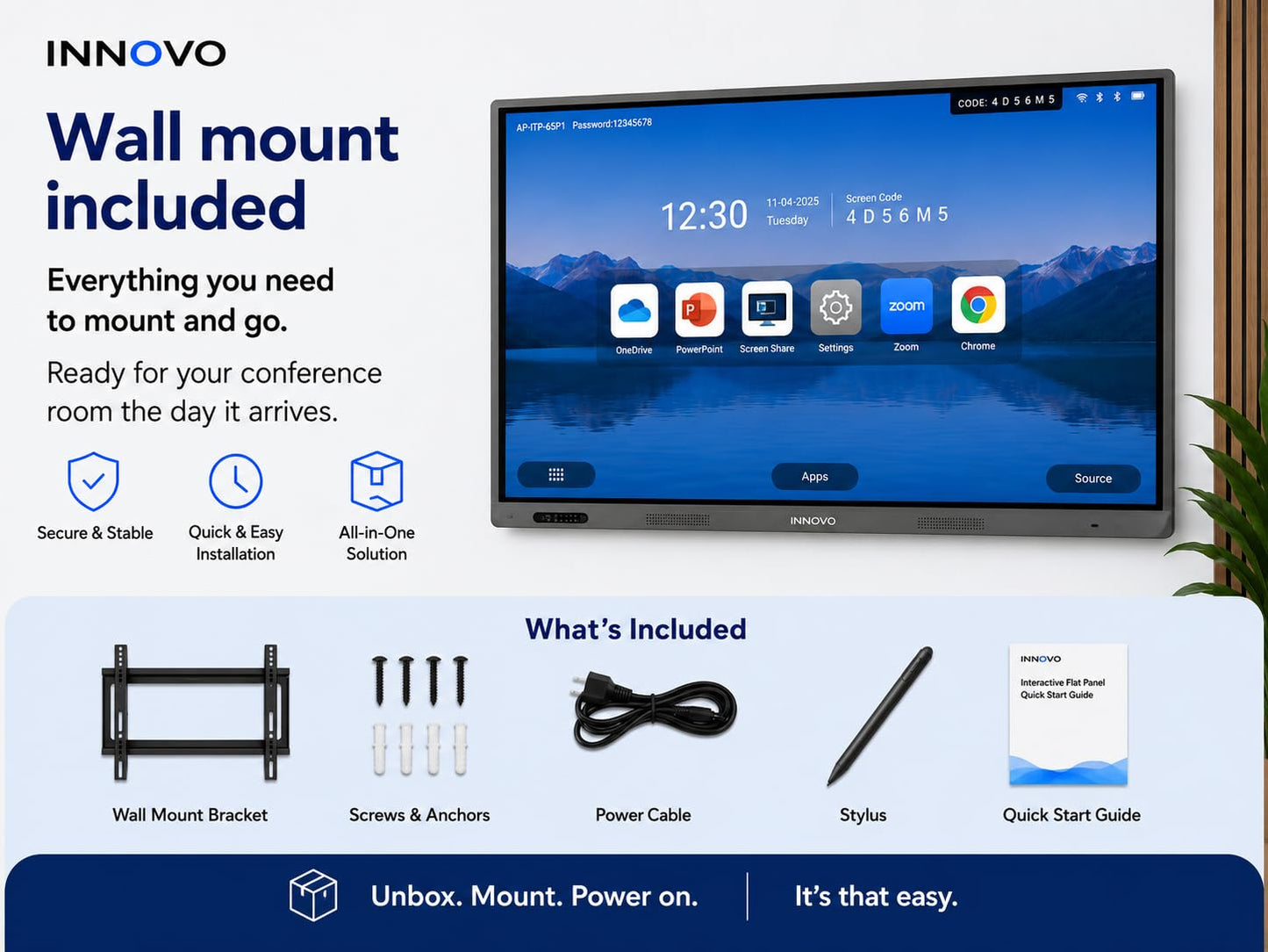 Innovo 65" Interactive Whiteboard - 4K UHD Touch Screen Smart Board with Built-in 48MP AI Camera, Mic & Speakers, Android 14 OS, 8GB RAM & 128GB Storage, 20-Point Multi-Touch