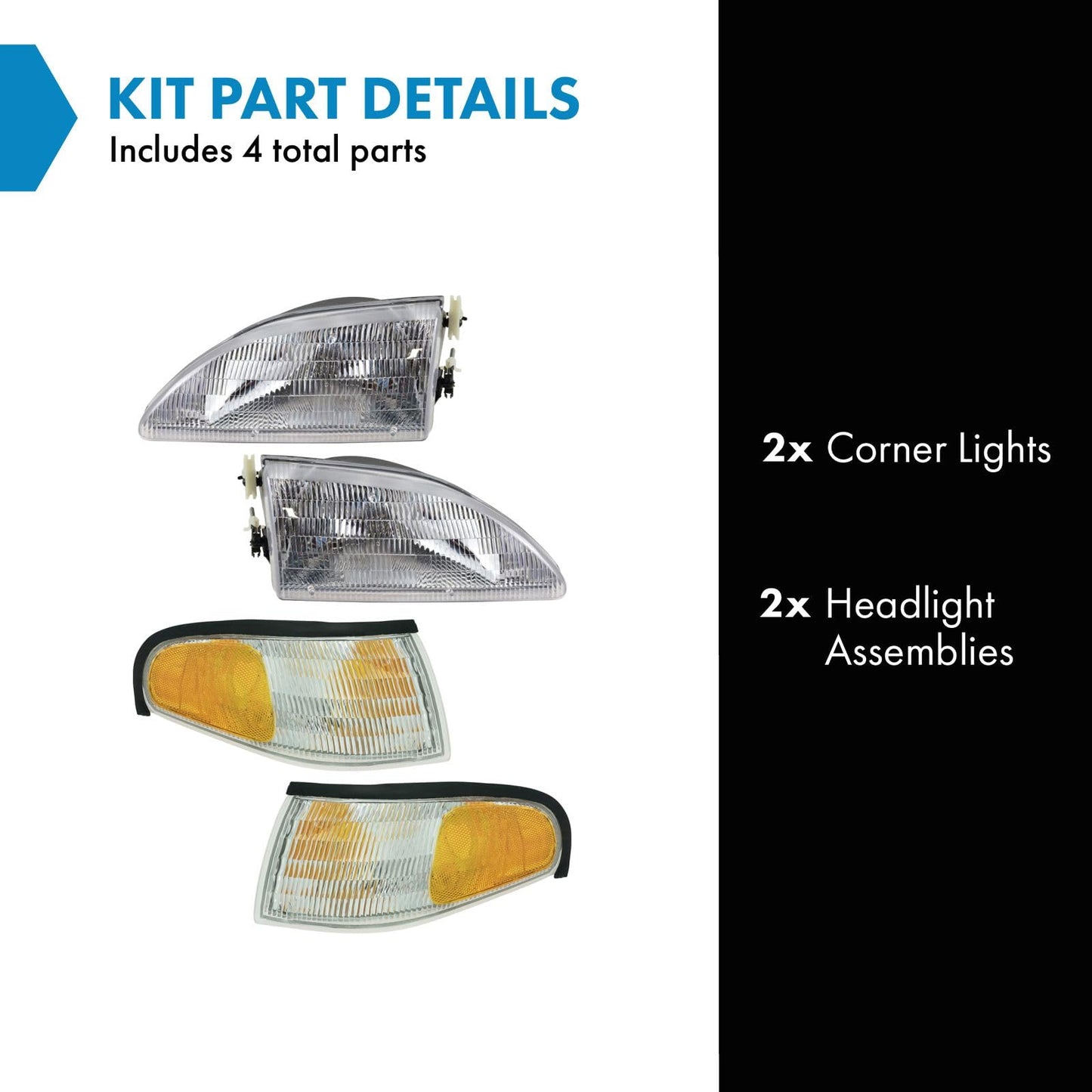 TRQ Headlight Assembly Set for 1994-1998 Ford Mustang, Driver & Passenger Side, Model LKA55910, Yellow