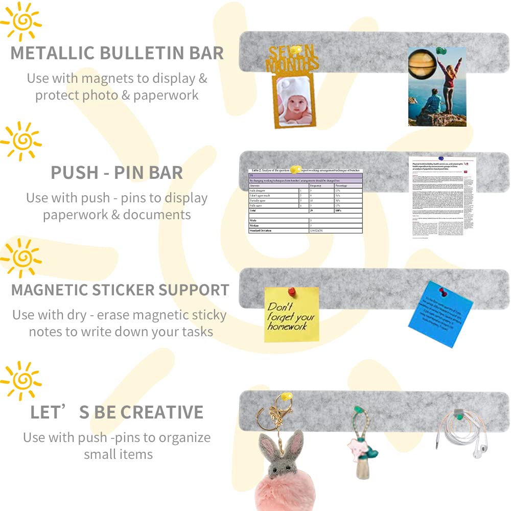 Vuzvuv 8Pcs Light Grey Cork Board Bar Strips with 50 Pushpins & Sticky Notes, Self-Adhesive Bulletin Board Strips No Damage for Wall, Felt Pin Board for Paste Notes, Photos, Schedules Office Decor