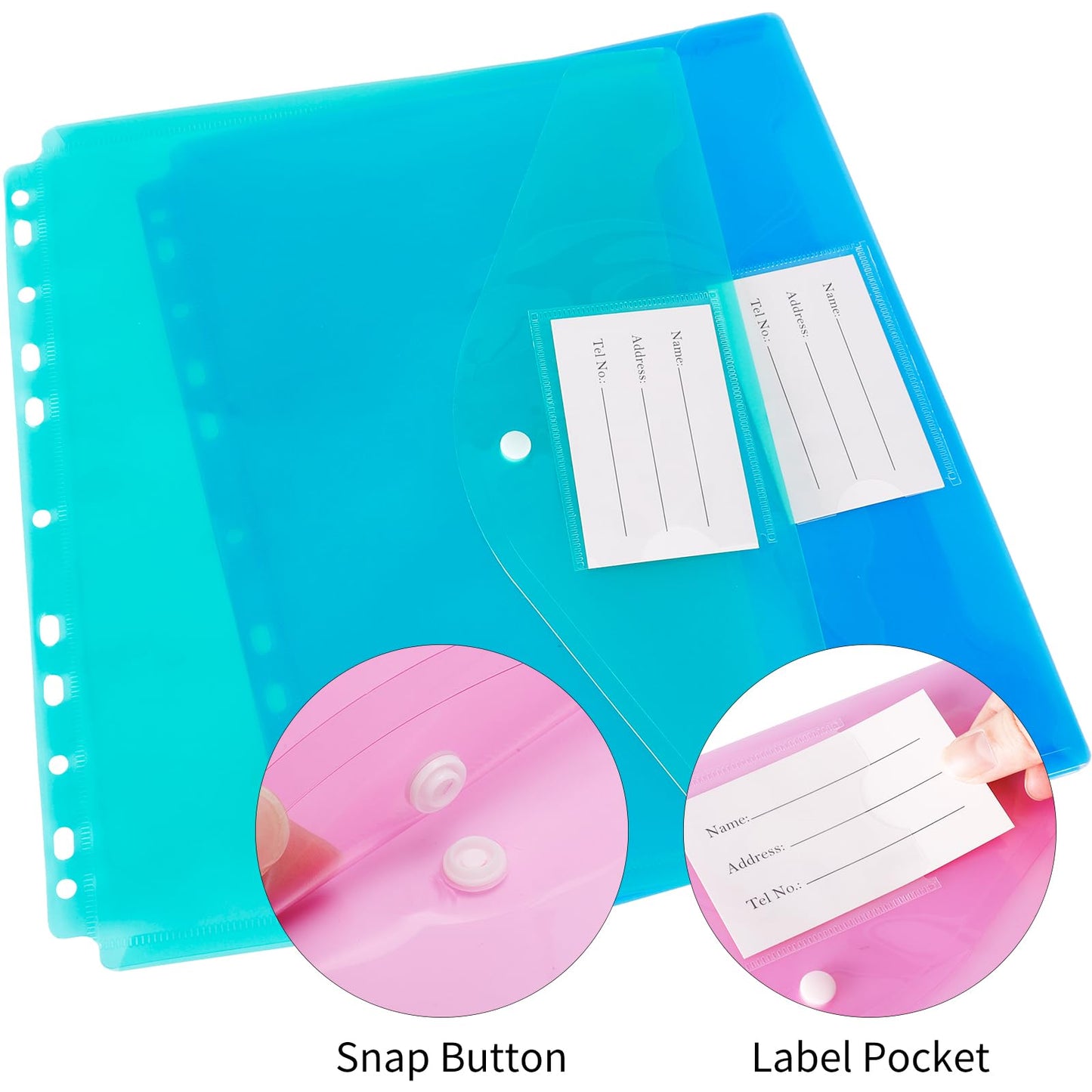 EOOUT 30pcs Binder Sleeves, Binder Pockets for 3 Ring, Binder Folders, 11 Holes, Letter Size, Snap Button Pouch with Label for School, Home and Office