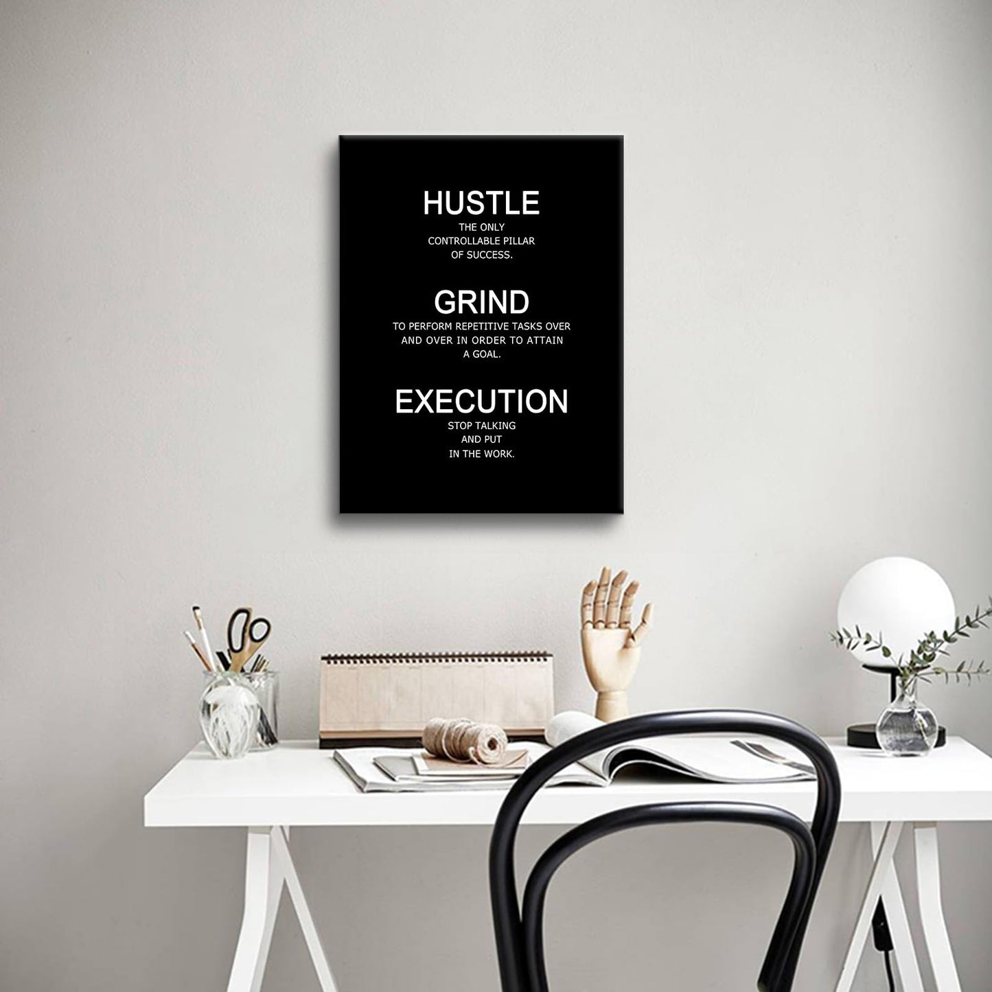 Motivational Poster Wall Art Inspirational Quotes Hustle Grind Execution Picture Print Positive Saying Painting Artwork for Modern Home Bedroom Office Workplace Stretched and Framed [18''W x 24''H]