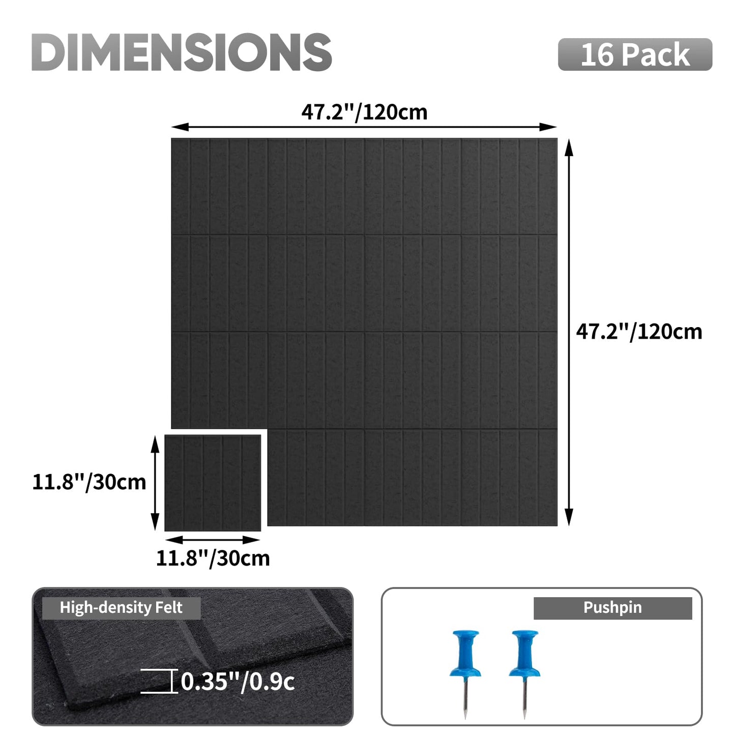 Corodo Large Cork Board Alternative - 48" x 48" Felt Bulletin Board with Pushpins & Adhesive Tabs, 16 Pack Tac Boards Tiles for Office Classroom Wall Decor, Wall Protector for Dart Board - Black