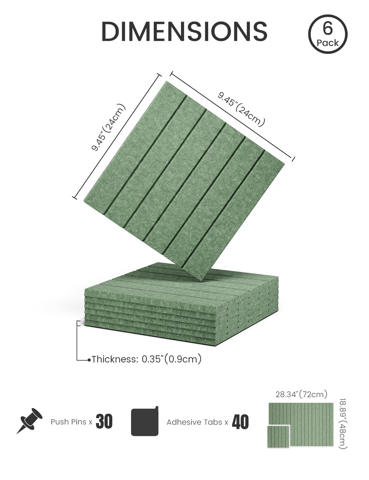 Felt Bulletin Board Tiles -28"x18" with 40 Adhesive Tabs, Cork Board Alternative for Office Decor, Push Pin Board Wall Organizer 6-Pack (Moss Green)
