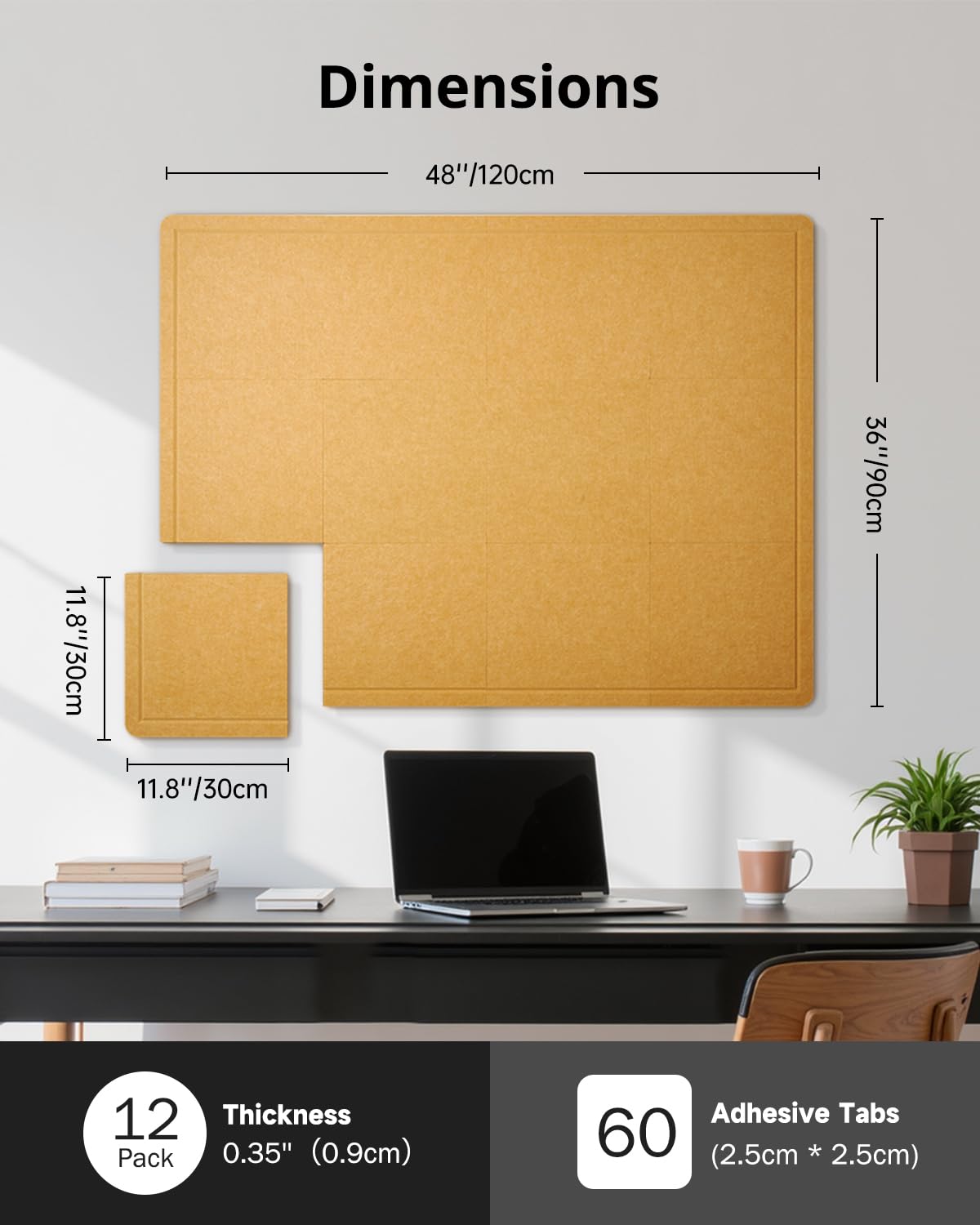 Woovio Bulletin Board, 48 x 36 inches Cork Board Alternative, 12 Pack Felt Pin Boards for Walls Home Office Decor, Classroom with 60 Adhesive Tabs Longan Yellow