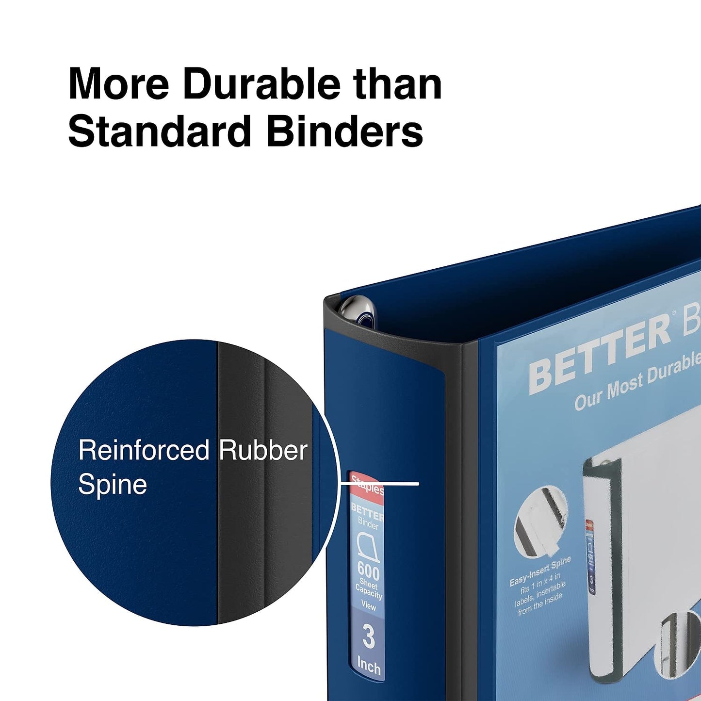 Staples Better Binder, 3" D‑Ring 3‑Ring Binder, Blue, Reinforced Rubber Spine, Heavy‑Duty Design, Holds up to 600 Sheets for School & Office