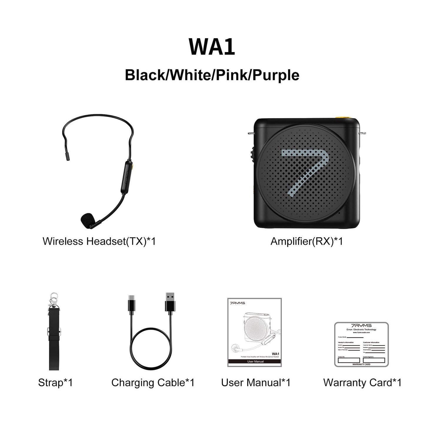 7RYMS WA1 Portable Voice Amplifier for Teachers with Wireless Microphone,Mini Speaker for Classroom,Speech,Training Outdoor,Speaker Megaphone with Noise Canceling, 164ft Range, 23H Working-White