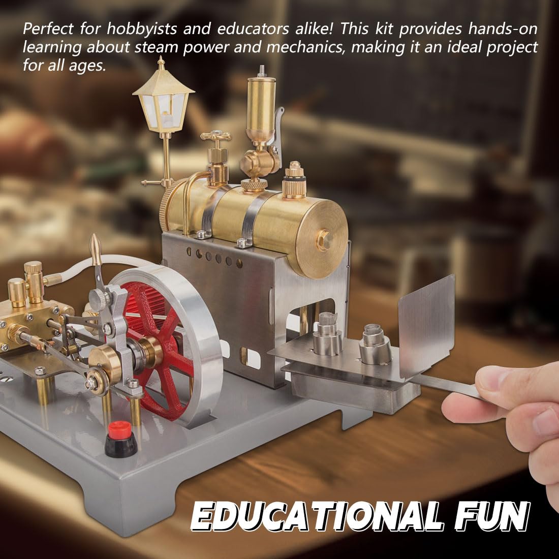 URFunModel SE-02 Steam Engine Kit - Reversible Horizontal Stationary Steam Engine Model with Boiler, Generator and Street Lamp, 100PCS Science Education Gift for Adults