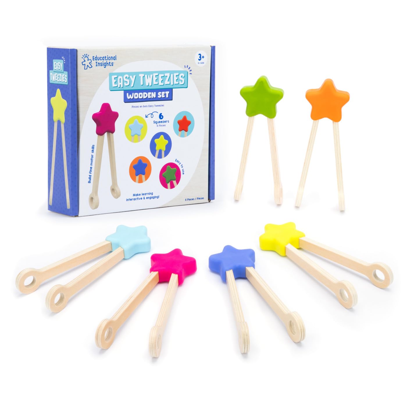 Educational Insights Easy Tweezies Small Group Set - Fine Motor Toys for Kids, Sensory Bin Tools, Preschool Classroom Must Haves & Therapy Toys, Wooden Tweezer Activity Kit for Toddlers Ages 3+