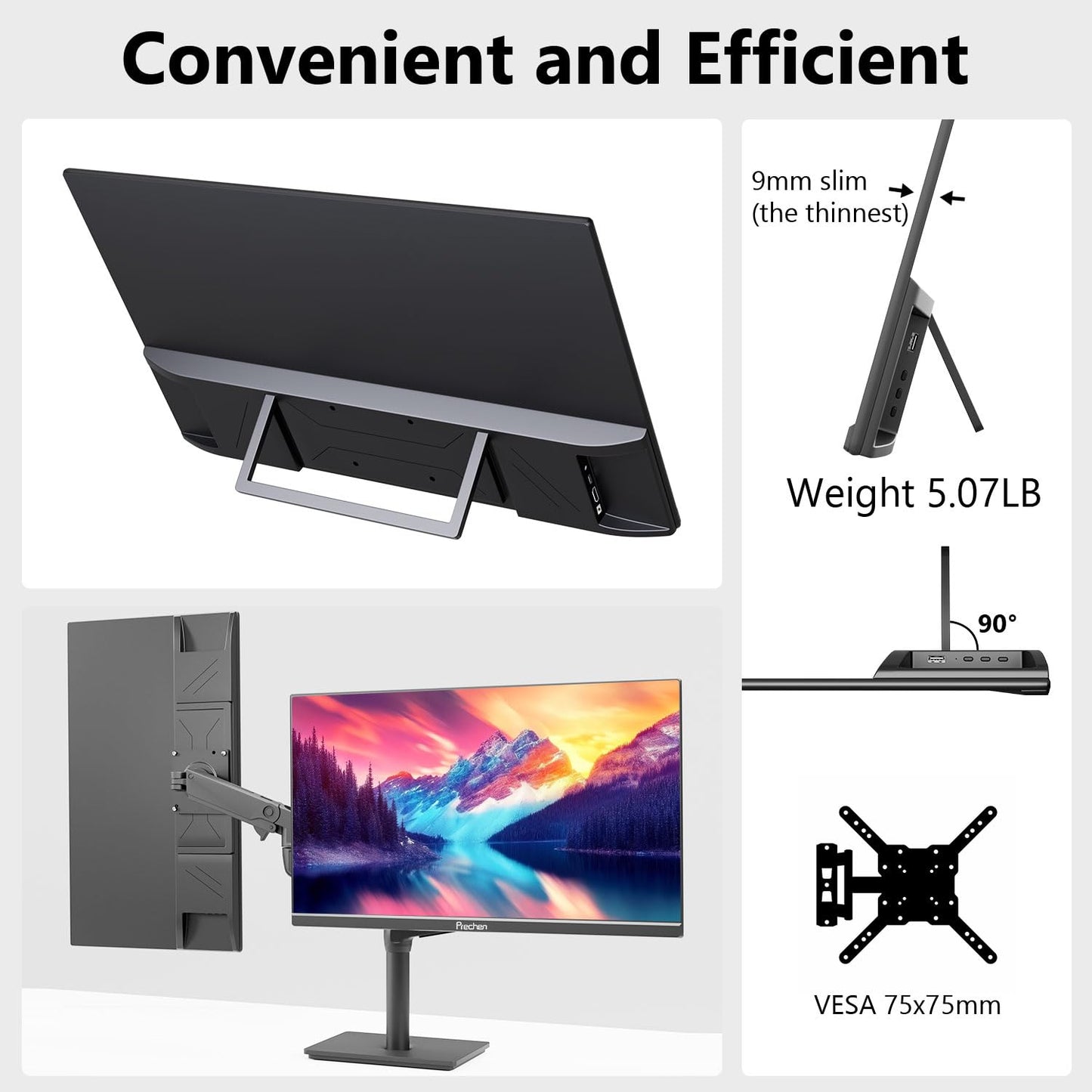 Prechen 23.8 Inch 2K 100Hz Large Portable Touchscreen Monitor 100% sRGB IPS Portable Touch Display QHD w/90° Adjustable Stand USB-C HDMI Laptop Monitor Desktop 2560X1440