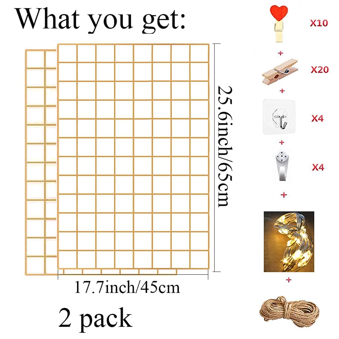 GBYAN 2 Pack Large Wall Grid Panels with Light and Clips, Photo Display Board, Picture Frame Collage Board, Wire Grid Wall Panel Room Decoration,Dark Gold