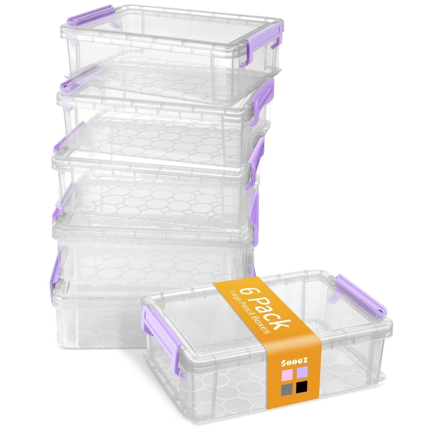 Sooez 6 Pack Extra Large Pencil Box, Plastic Pencil Case Crayon Box Bulk, Clear Marker Organizer Plastic Containers with Lid, Stackable Storage Boxes for Art Craft Pen, Back to School Supplies, Purple