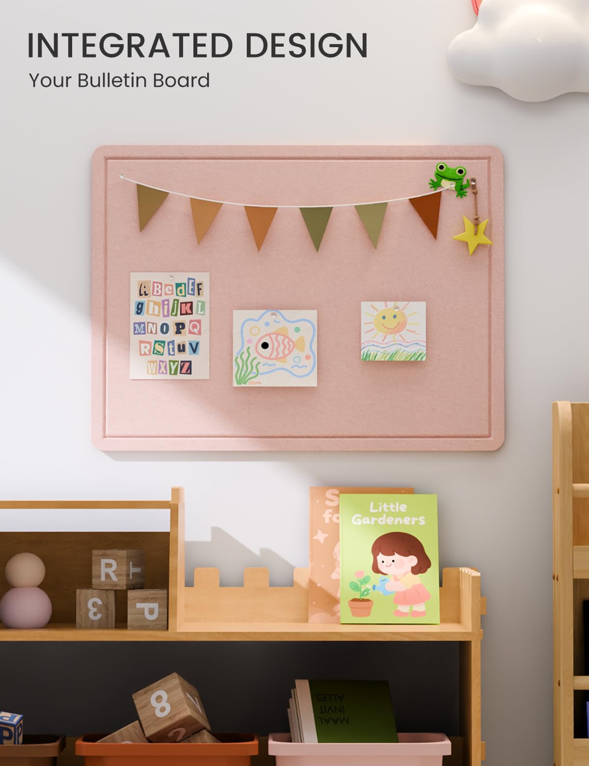 Fluxynara Bulletin Board, 23.6" x 17.5" Cork Board Alternative with 12 Safe Removable Adhesive Tabs, Foldable Felt Pin Board for Home Office, Classroom, Bedroom,Entryway for Walls—Pink