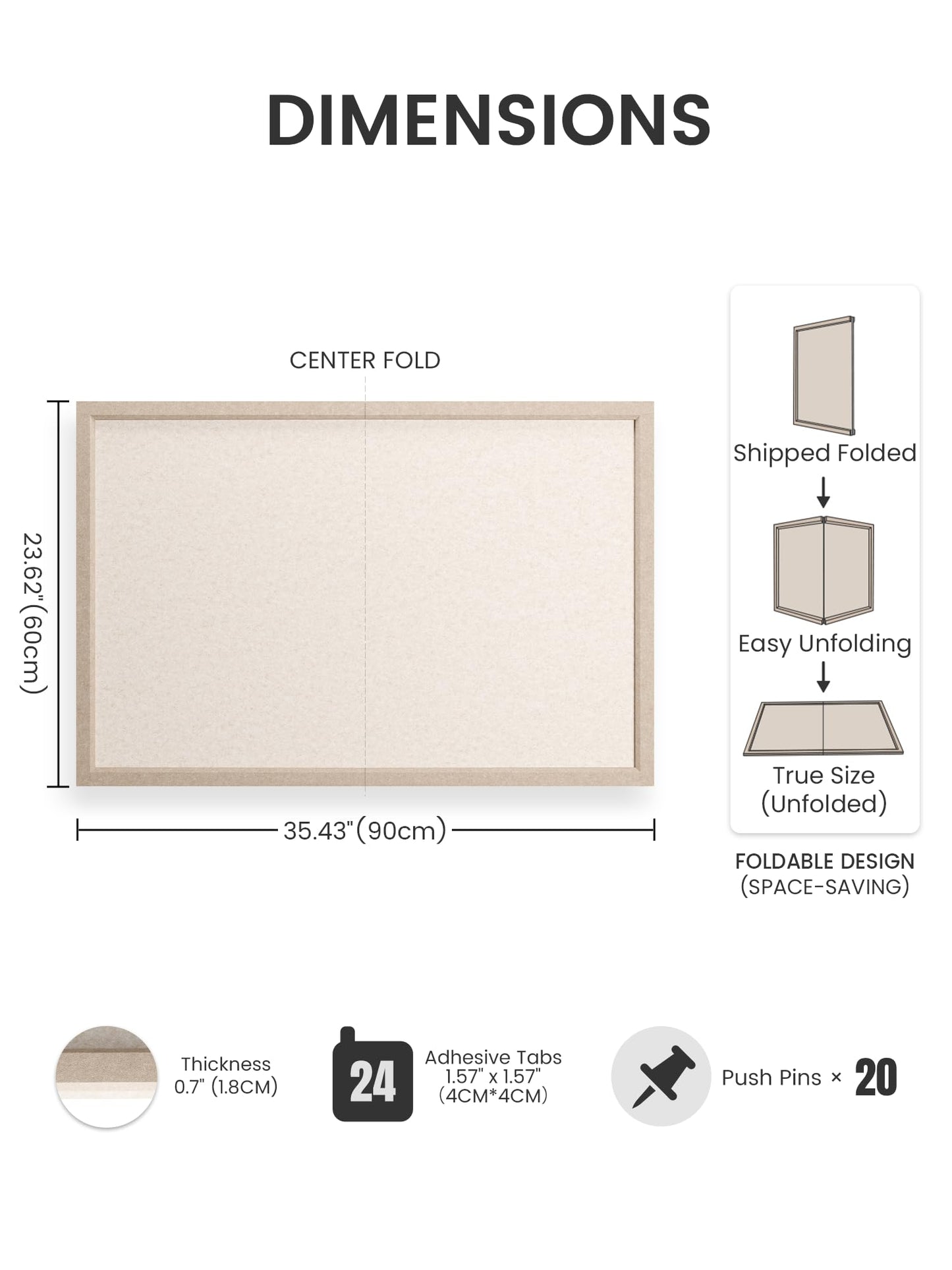 Fluxynara Foldable Cork Board Alternative, Felt Bulletin Board 35.4" x 23.6" Deep Camel Frame with 24 Adhesive Tabs, Pin Board for Home Office, Classroom, Entryway, Kitchen Wall Decor—Oatmeal