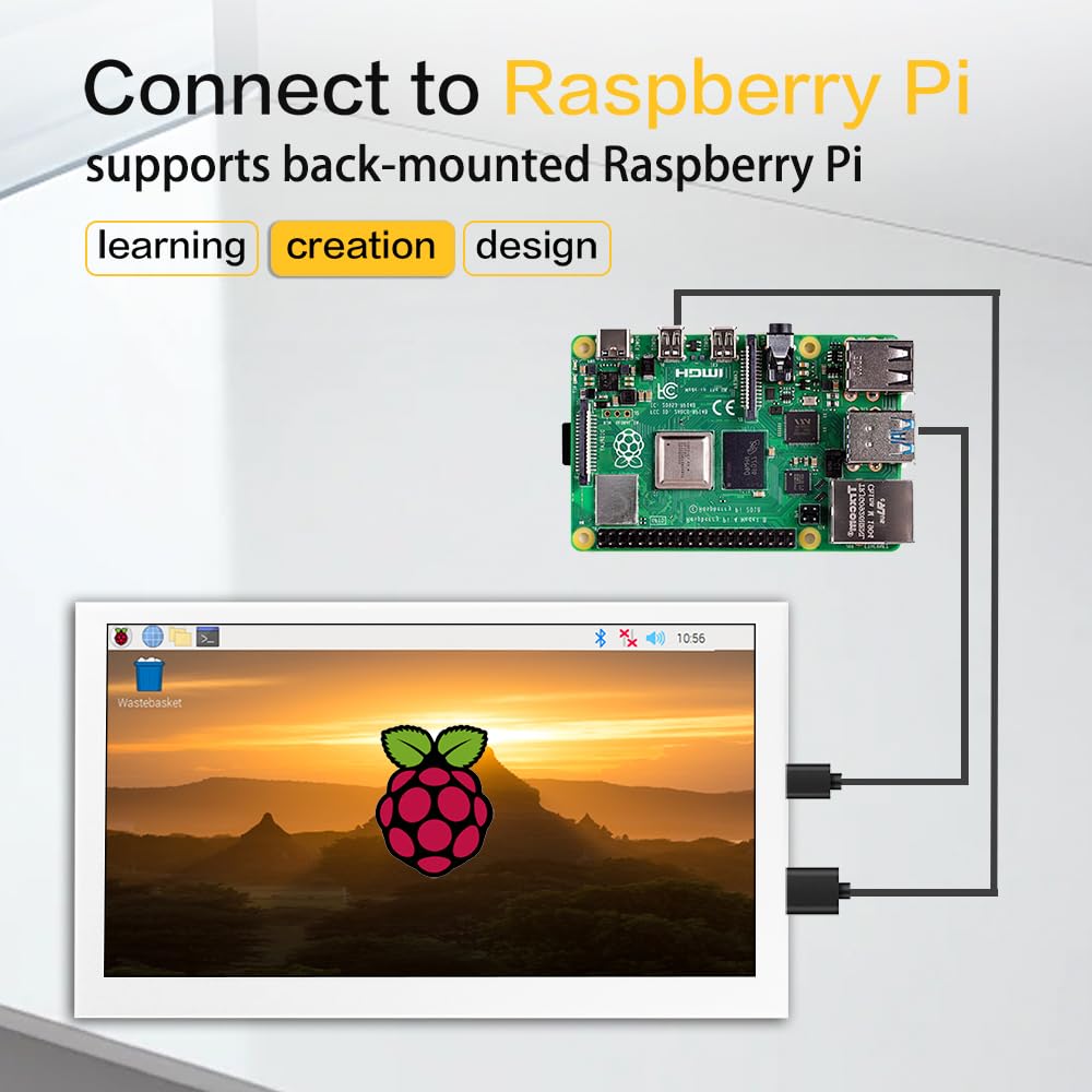 LESOWN Small Monitor 7 inch 1024x600 IPS Capacitive Touch 7" HDMI Wide Screen Portable LCD Display with Speakers for Raspberry Pi Laptop White