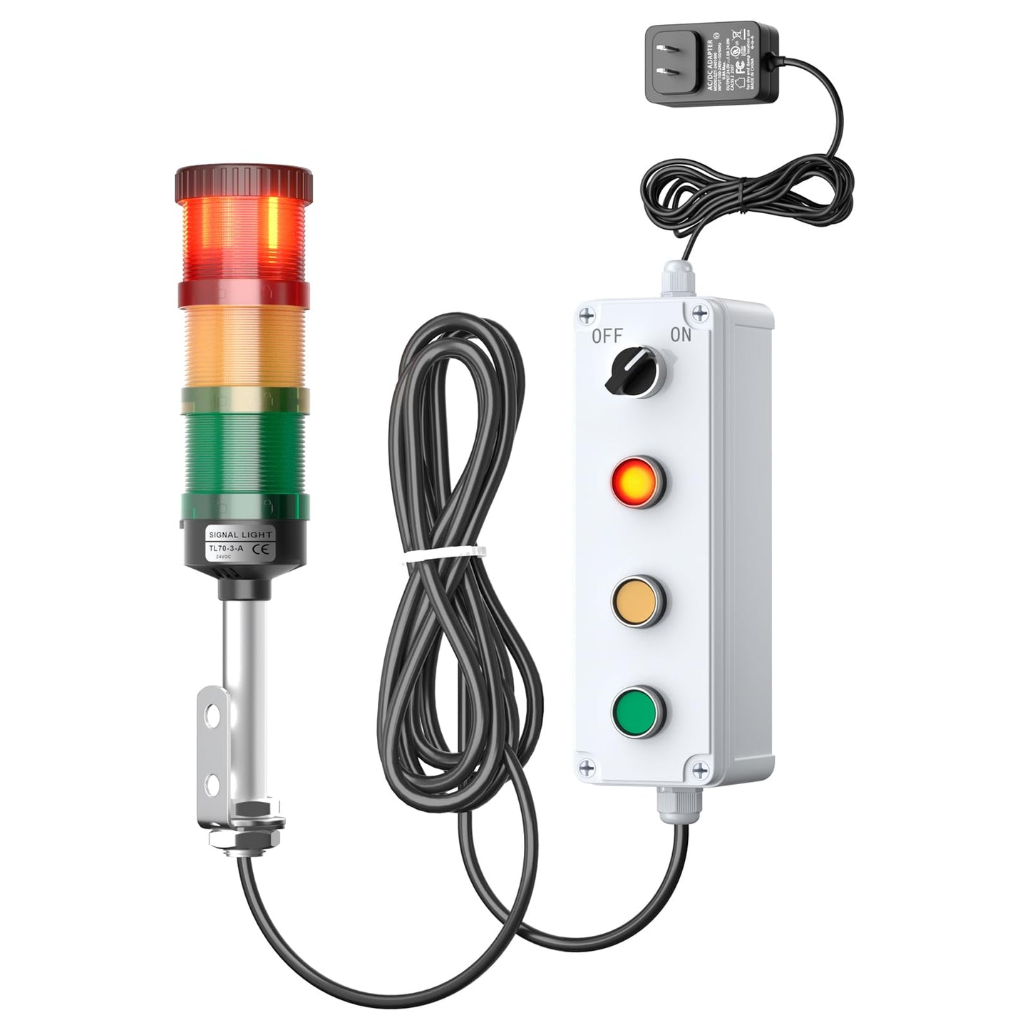 3 Stack Super Bright LED Andon Tower Lights, 24VDC Red/Yellow/Green Signal Light, Off-ON, No Sound, 16.4ft Extension Cord, 9.8ft Power Adapter, Plug Play Ready, for Factory Automation & Safety Alarms