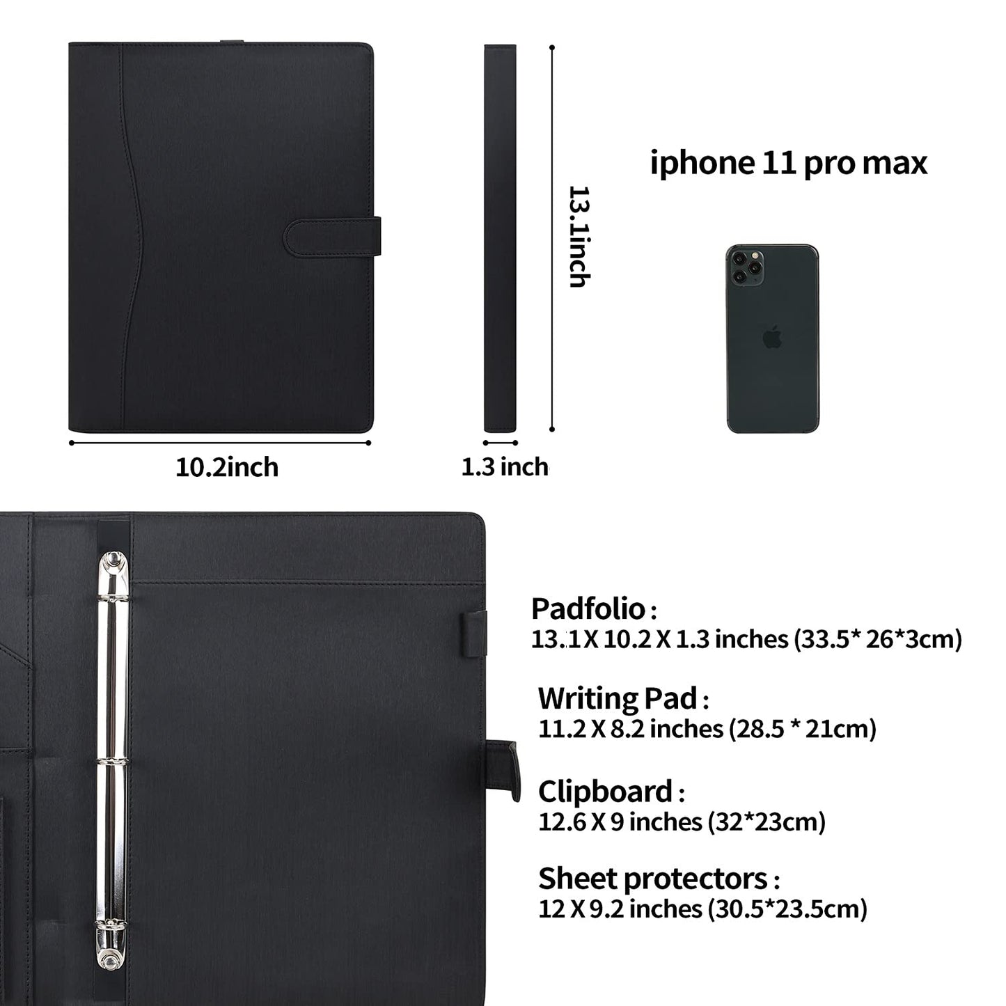 Wonderpool A4 PU Leather Portfolio Holder Ring File Document Case with Removable Binder Clipboard, Multi Pocket and Legal Pad for Business Organizer Interview and Meeting (Black)