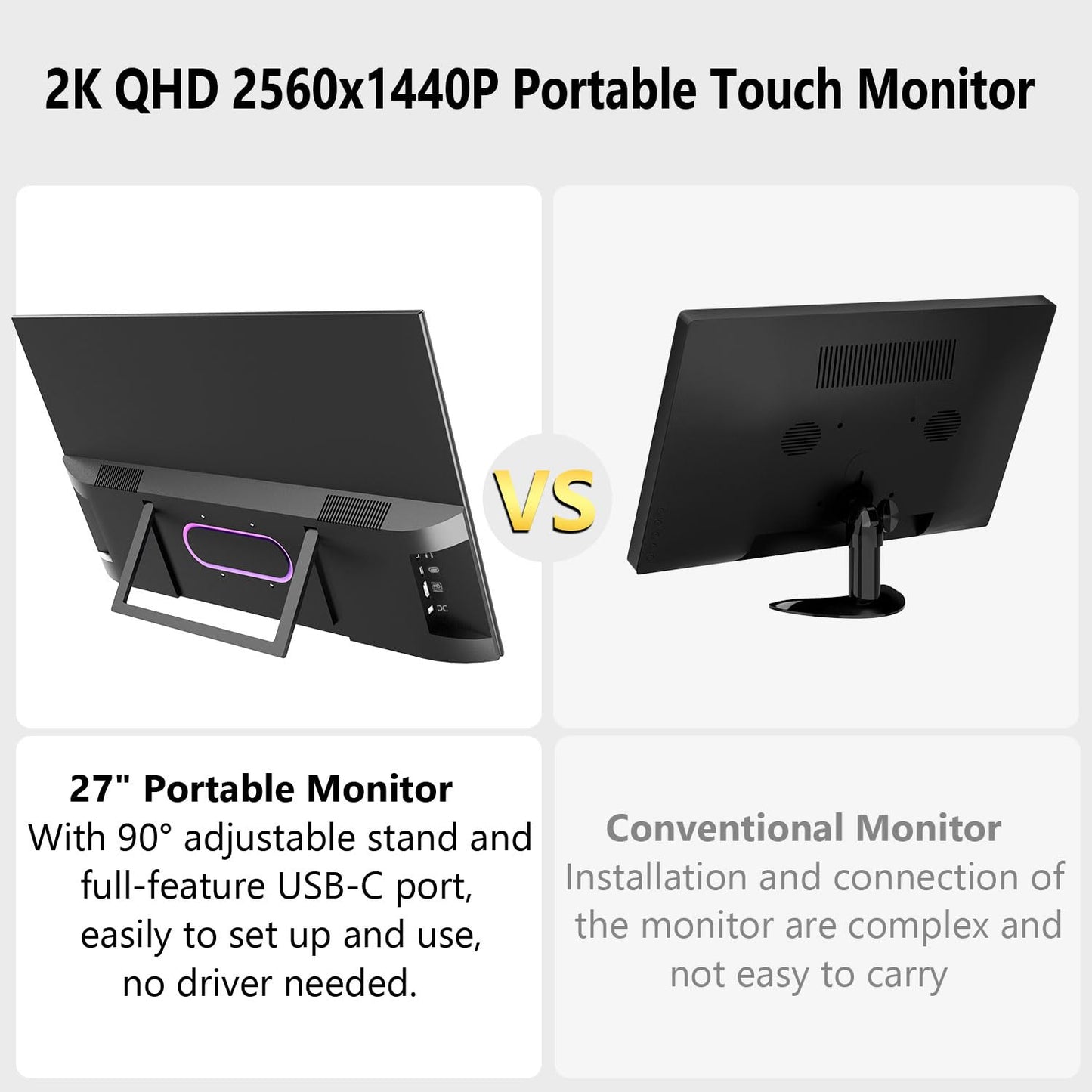 Prechen 27 Inch 2K QHD 100Hz Touchscreen Monitor 10 Point Multi Touch IPS Portable Display, 2560x1440 USB-C HDMI Laptop Monitor with Adjustable Stand & Speakers