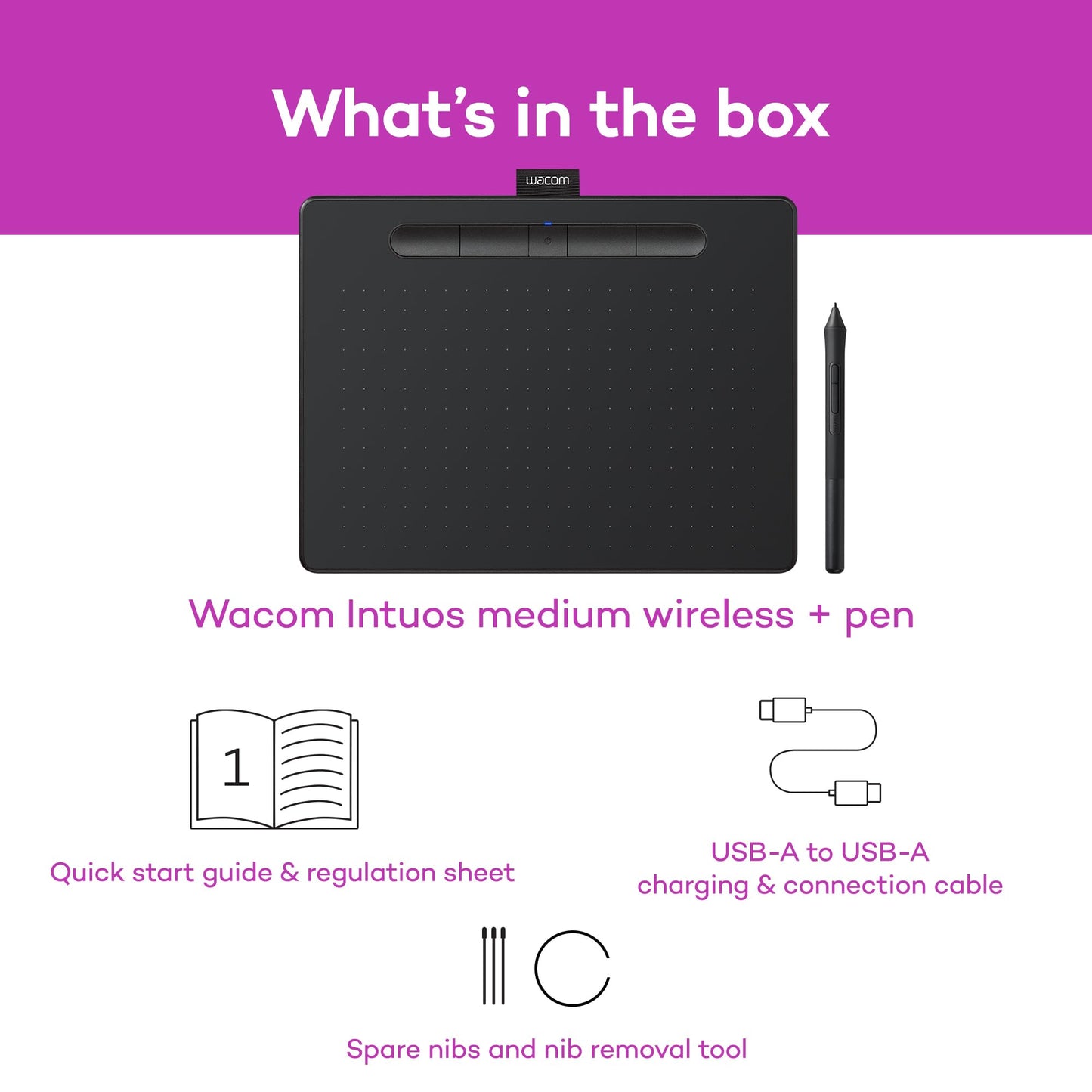 Wacom Intuos Medium Bluetooth Graphics Drawing Tablet, Portable for Teachers, Students and Creators, 4 Customizable ExpressKeys, Compatible with Chromebook Mac OS Android and Windows - Black