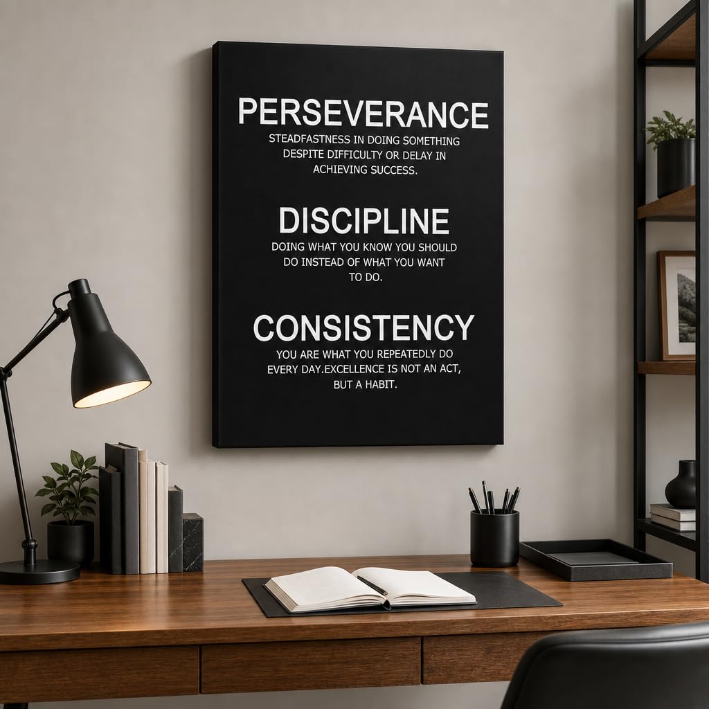 PJQART Inspirational Posters for Office Canvas Wall Art, Perseverance Discipline Consistency Definition Print for Home Office Dorm Classroom, Framed Black White, 24x18inch