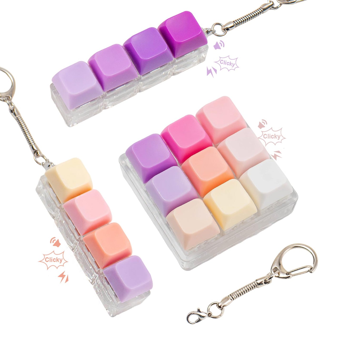 3 Pcs Keyboard Fidget Toy for Adults, Loud Clicky Keyboard Fidget Keychain, Button Fidget Clicker Stress Relief Sensory Toys for Anxiety Decompression Gift (Purple Pink)
