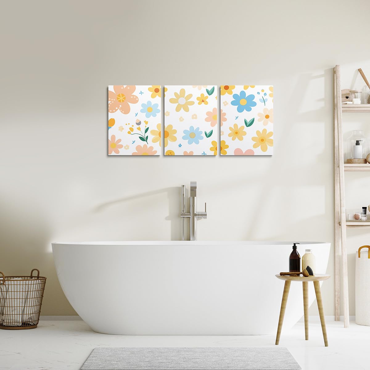 Feelyou Cute Flower 3 Piece Canvas Wall Art for Living Room Bedroom Cartoon Cute Floral Office Decor Artwork Bright Yellow Wall Art for Home Decor Kawaii Picture Posters