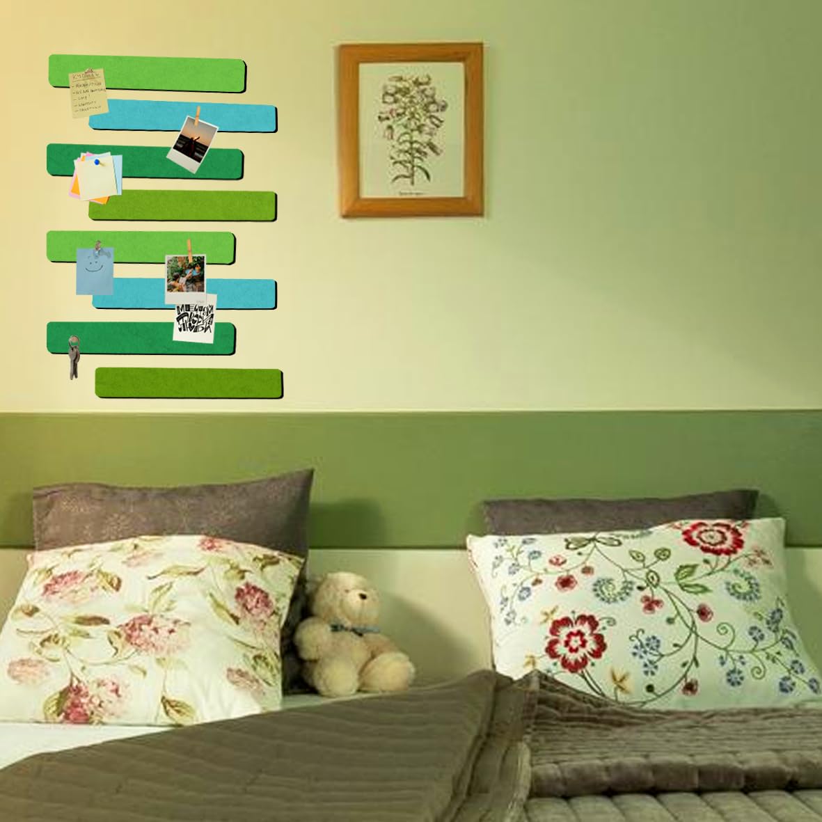 Vuzvuv 8 pcs Bulletin Board Bar Strips with 50 Pushpins & 10 Wooden Clip pins，Self Adhesive Cork Board for Wall，Felt Pin Board for School，Office Decor(Multi-Green)