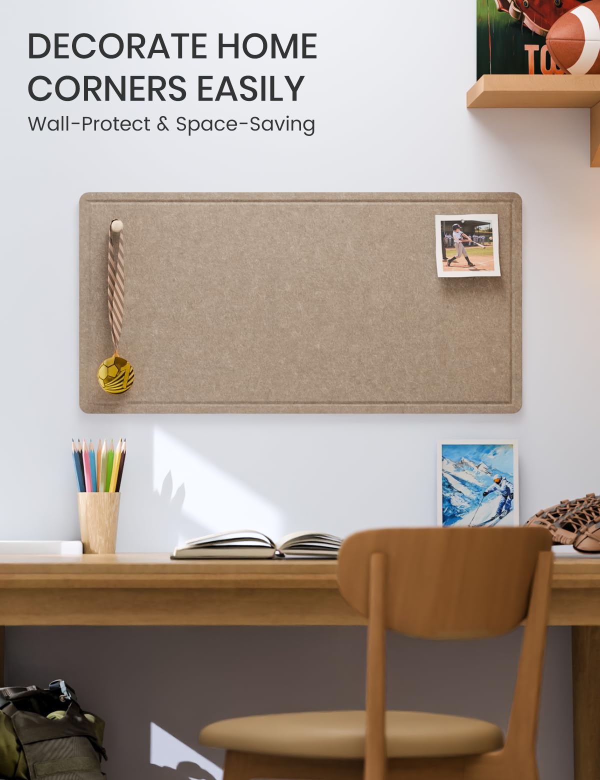 Fluxynara Bulletin Board, 35" x 17.5" Cork Board Alternative with 12 Safe Removable Adhesive Tabs, Foldable Felt Pin Board for Home Office, Classroom, Bedroom,Entryway for Walls—Taupe
