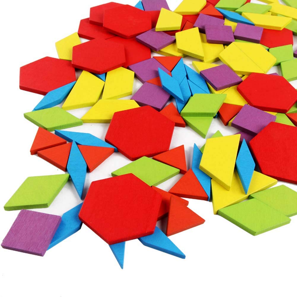 JCREN Wooden Pattern Blocks Montessori Toys Shape Puzzles Kindergarten Classic Educational Tangram Geometric Brain Teaser Toys Best STEM for Kids Ages 4-8 with 24 Pcs Cards