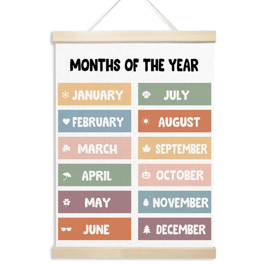 Xmsaitar Classroom Months of The Year Poster Hanger Frame Wall Decor, Colorful Nursery Prints for Wall Hanging Decor Art, Cute Educational Banner for Kids Toddler Room Dorm Playroom Preschool 12x16in