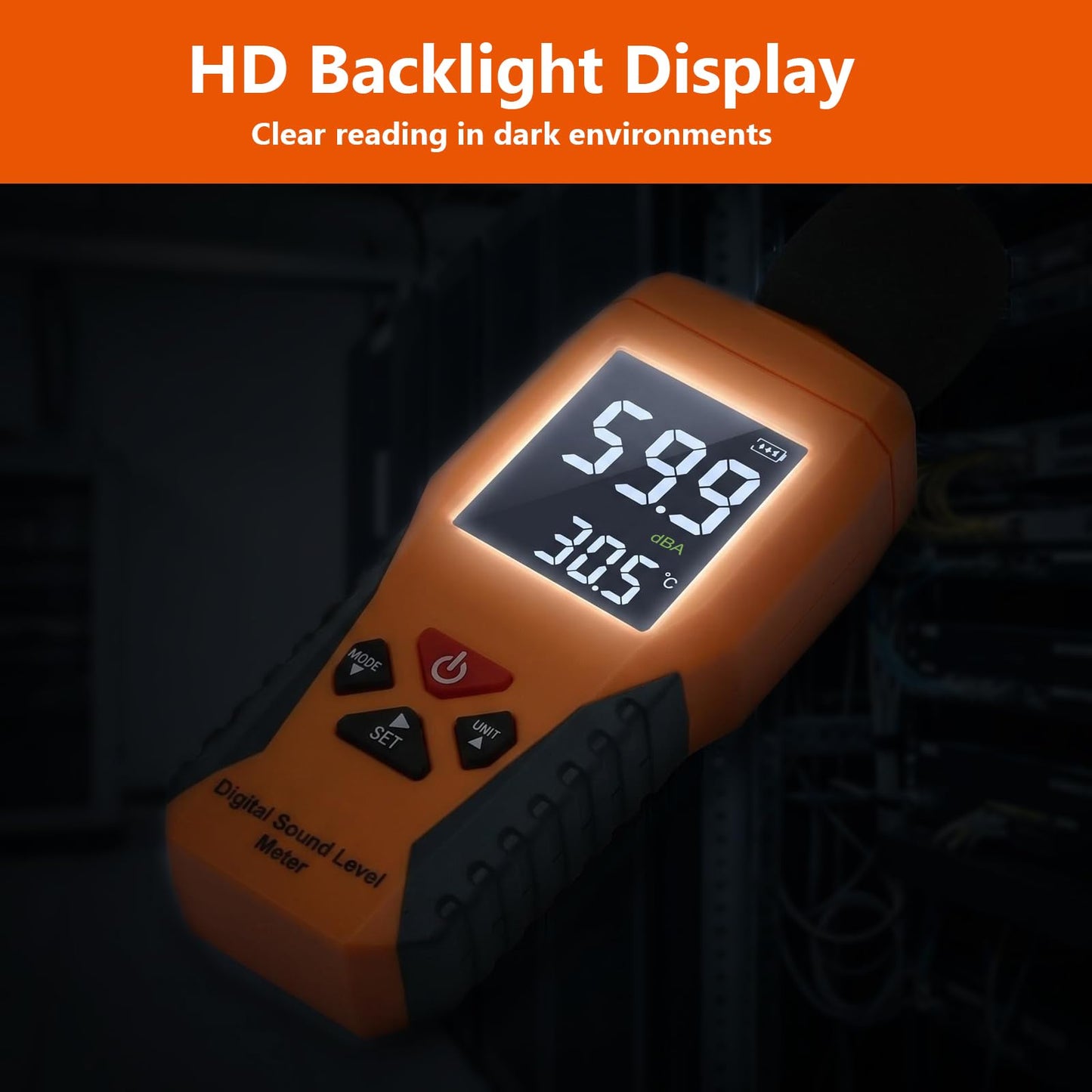 Sound Level Meter Reader with HD Backlit LCD Decibel and Ambient Temperature Meter, Sound & Noise Meter SPL Tester with Alarm, Fast/Slow, Data Hold, MAX/MIN, Auto Power-Off for Noisy Neighbors Office