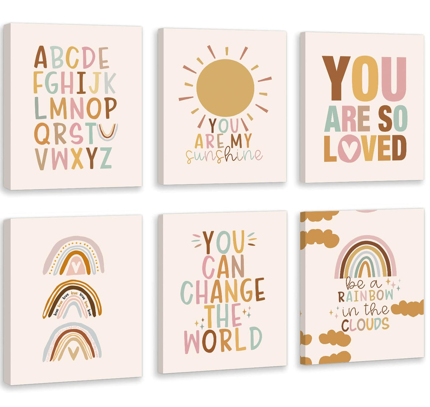 CHDITB Boho Rainbow Nursery Wall Decor, Baby Shower Nursery Decor Kids Room Decor You Are So Loved Rainbows Classroom Wall Decor, Set Of 6(8”X10”) Alphabet Weather Art Print Girl Boy School Decor