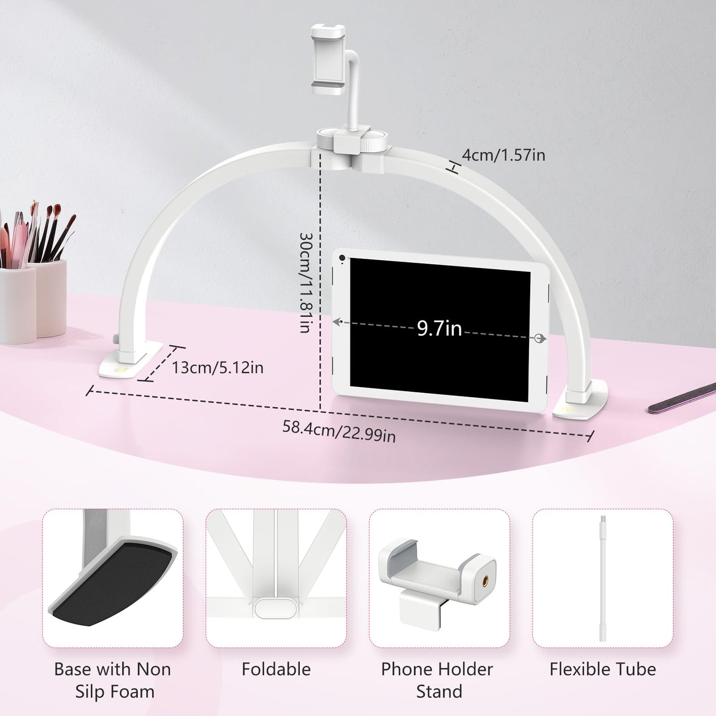 Yokilly Half Moon Nail Desk Lamp with Phone Holder, 23in, Aluminum, 3 Color Modes, 10 Brightness Levels, Small, White