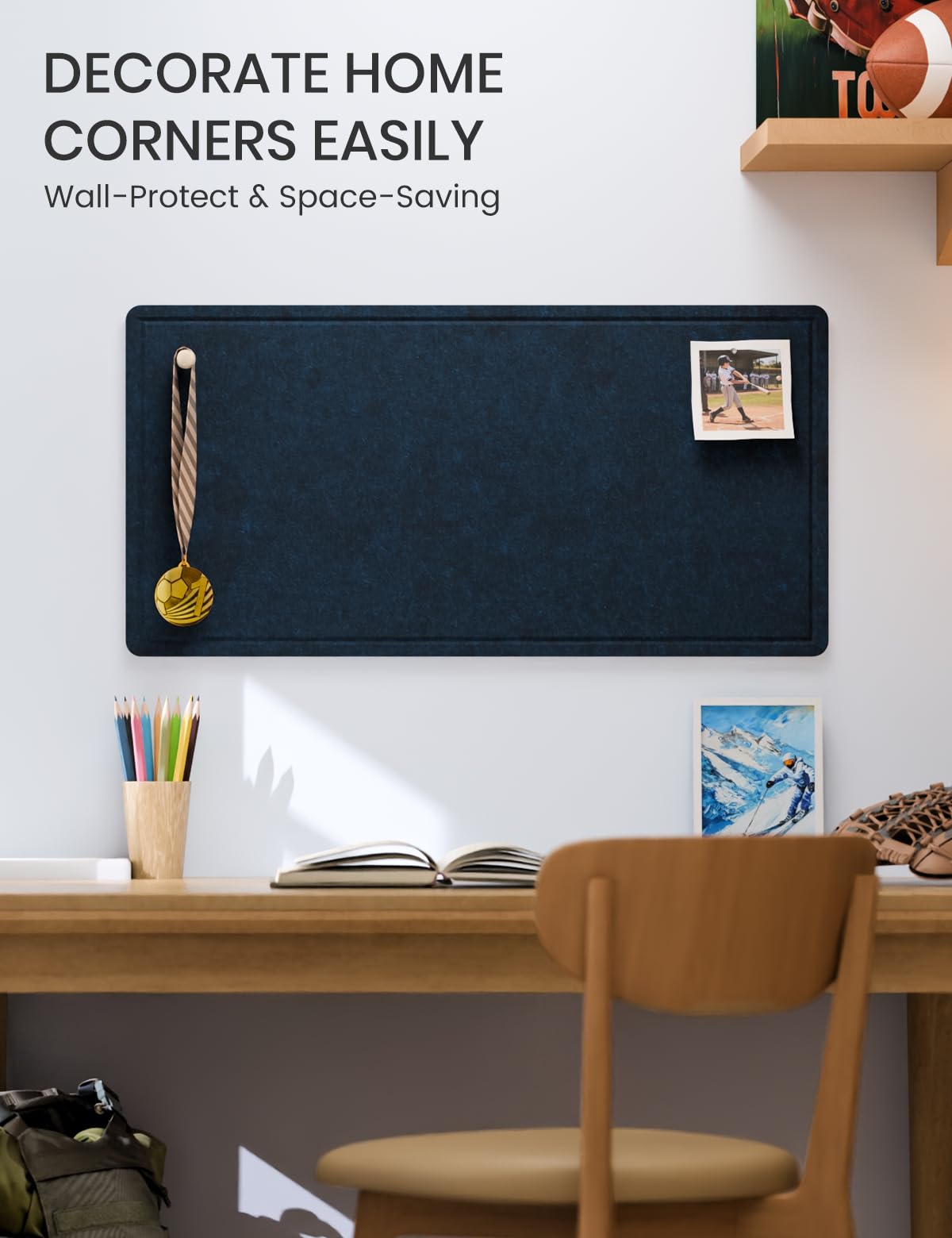 Fluxynara Bulletin Board, 35" x 17.5" Cork Board Alternative with 12 Safe Removable Adhesive Tabs, Foldable Felt Pin Board for Home Office, Classroom, Bedroom,Entryway for Walls—Carbon Blue