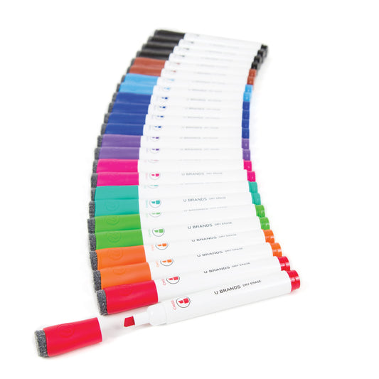 U Brands Fine Tip Dry Erase Markers with Eraser, Whiteboard Markers with Chisel Tip, Low Odor, Assorted Colors, Set of 24