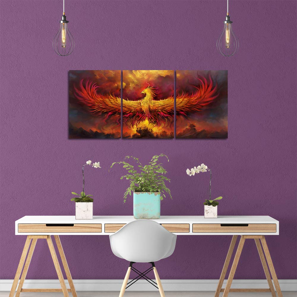 Fire Phoenix Wall Art Prints Volcanic Burning Phoenix Birds Canvas Picture Posters Prints Artwork 3 Piece Home Office Living Room Bedroom Decor Framed Ready to Hang - 36" W x 16" H