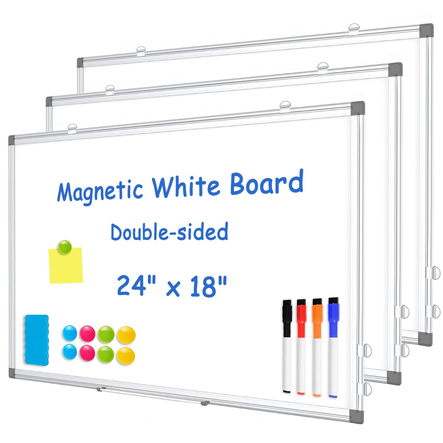 WALGLASS 3 Pack White Board, 24" x 18" Double-Sided Dry Erase White Board for Wall, Hanging Mounted Whiteboard, Horizontal or Vertical Silver Aluminium Frame for Home, School, Office, Kitchen
