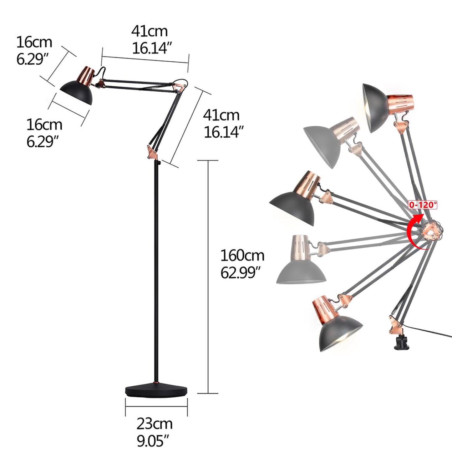 FIRVRE Industrial Floor Lamp with Swing Arm, Adjustable Height, Heavy Duty Base, Sandy Black, Model 003