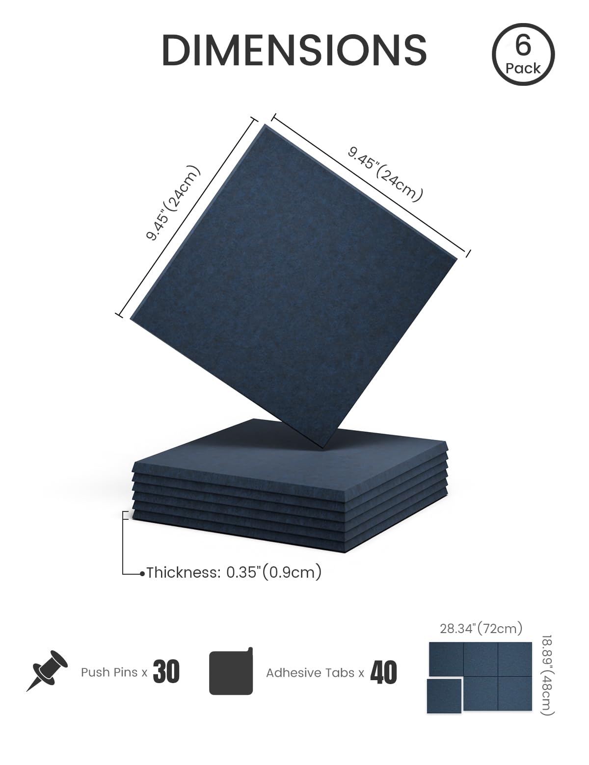 Felt Bulletin Board Tiles -28"x18" Cork Board Alternative for Office Decor, Push Pin Board Wall Organizer 6-Pack - Navy Blue