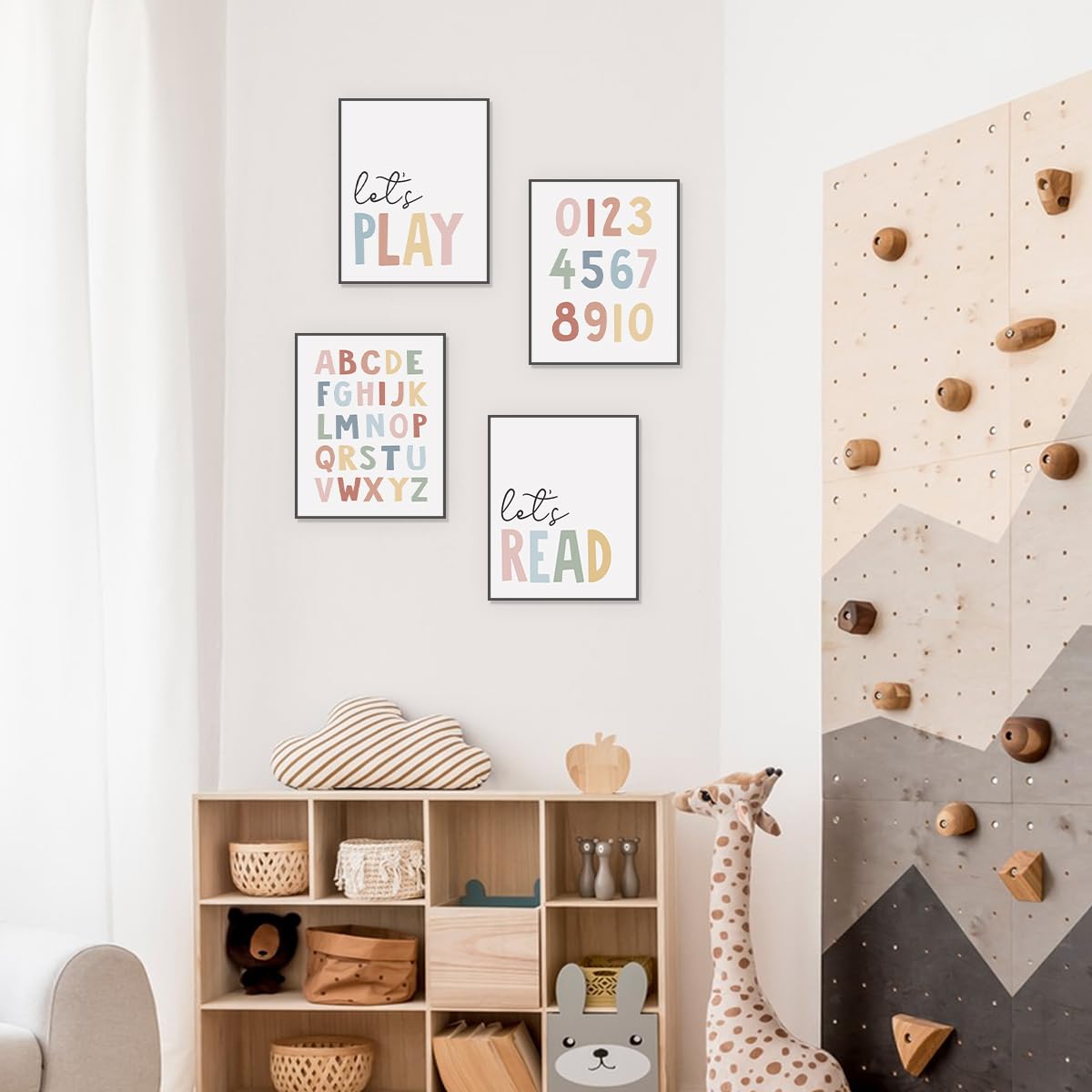 Let's Play Read Wall Art Set of 4，Educational Posters, Montessori Classroom Decor, Neutral Kids Decor,Alphabets Number Prints for Nursery Classroom Kids Room Toddler Playroom,8x10 Inch(Unframed)