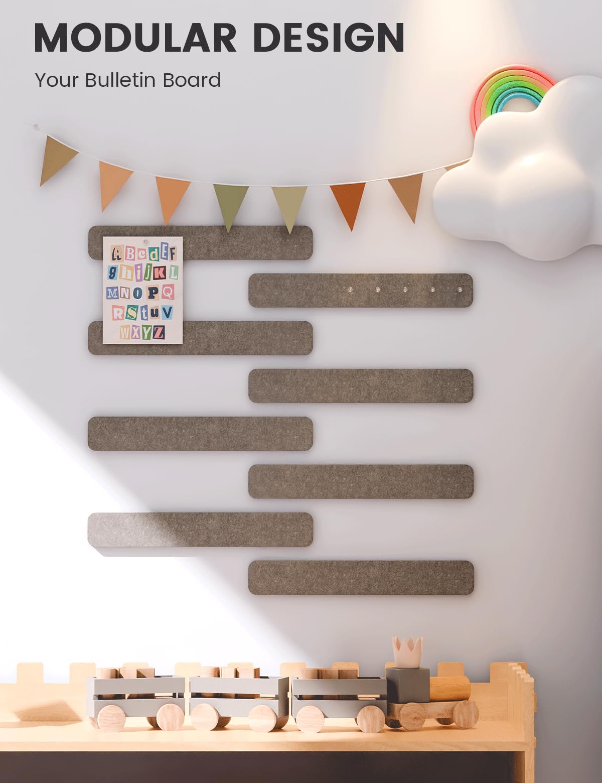 Fluxynara Cork Board Alternative Felt Strip Board 8-Pack 13"x2", Office Pin Board with 50 Push Pins, Adhesive Install for Bedroom Door & Home Office (Earth Brown)