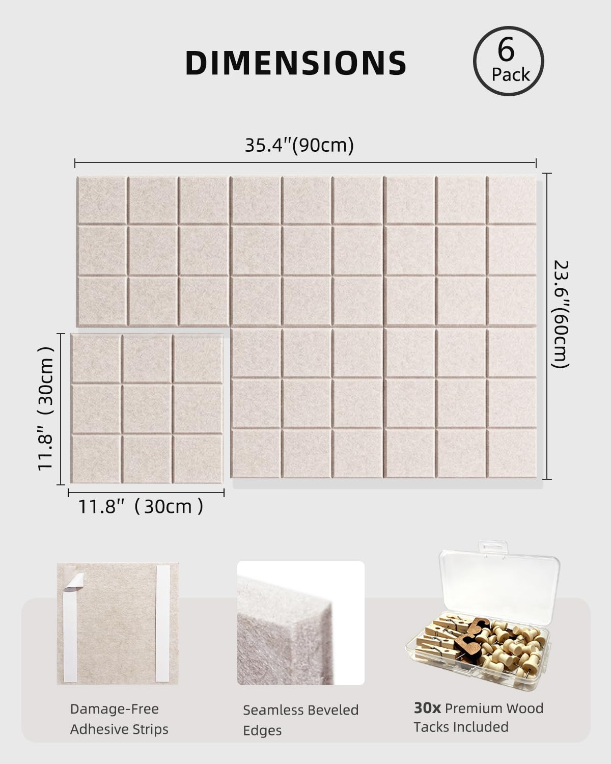 Large Felt Bulletin Board - 36" x 24" Self-Adhesive Felt Wall Tiles, Cork Boards Alternative, 6 Pack with 30 Wooden Push Pins, Cork Board for Walls, Office, Home & Classroom Decor, Pin Board - Oatmeal
