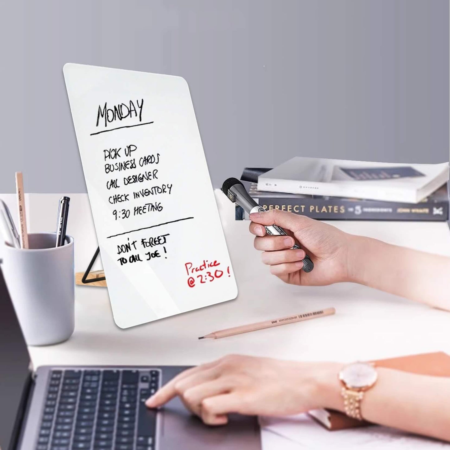 iNenya Glass White Board with Stand,Magnetic Mini Dry Erase Board for Desk,Small Desktop Whiteboard with Solid Wood Bracket