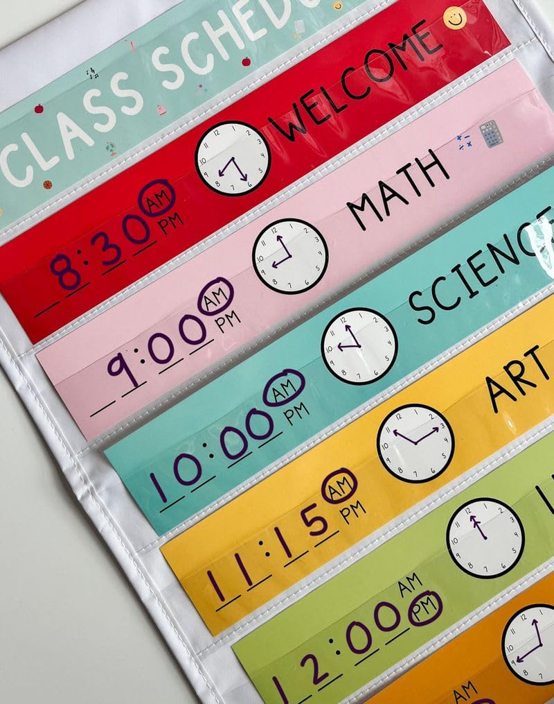 Callie Danielle Classroom Schedule Board, 13 x 35 inches, Dry Erase Pocket Chart with 17 Subject Inserts