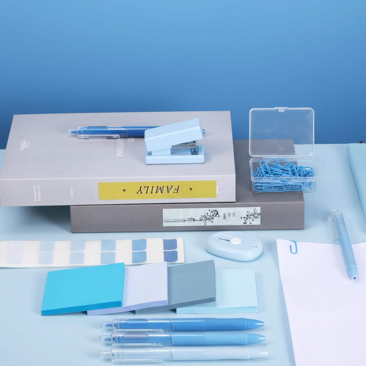Humyoun Mini Blue Office Supplies Kit Blue School Supplies Christmas Gift Desk Accessories with Gel Pens Sticky Notes Stapler Scissor Paper Clips Index Tabs Box Cutter for Christmas Gifts Office