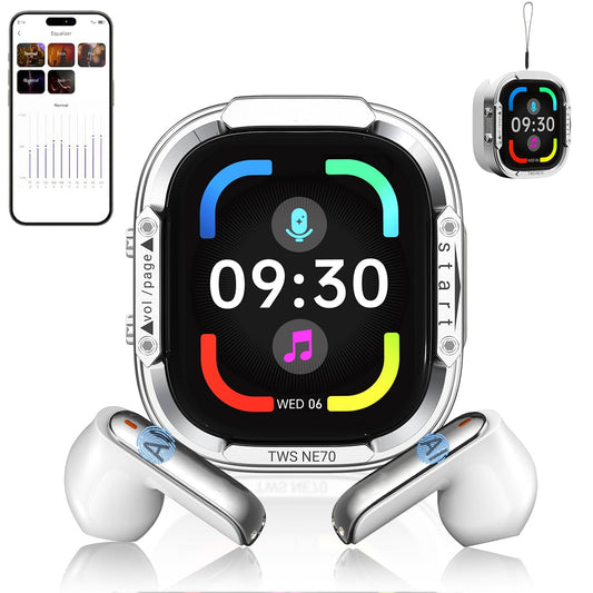 NE70 Earbuds, AI Translation Earbuds Real Time Support 165 Languages, Language Translator Headphones with LCD Touch Screen & Anti-loss, No Subscription, 7 Translation Modes for Travel Business- White